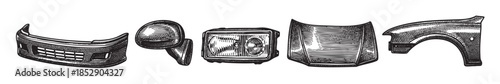 A vintage line art illustration showcases various car parts including a fender, side mirror, headlight, and hood against a clean white background, perfect for automotive or retro themes.
