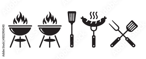 Barbecue and grilling icons set. collection of bbq grill tools, sausage on fork, spatula