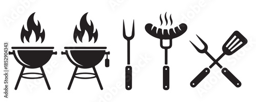 Barbecue bbq grill and cooking tools set of glyph icons vector illustration isolated