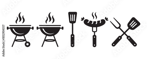Barbecue and grilling icons set. collection of bbq grill tools, sausage on fork, spatula