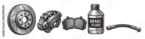 A detailed, hand-drawn illustration of essential automotive brake system components including a brake disc, caliper, pads, fluid bottle, and hose, presented on a white background.