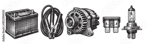 A vintage black and white illustration of essential car parts including a battery, jumper cables, an alternator, a fuse, and a light bulb.