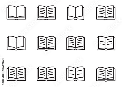 Set of outline book icons featuring various open books with pages and lines in black and white