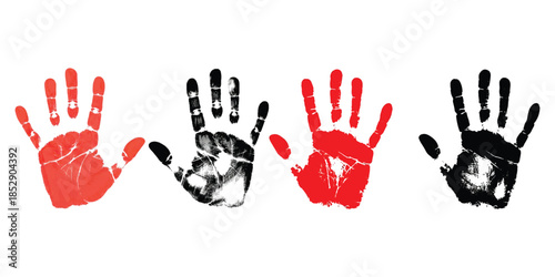 Alternating red and black handprints creating a pattern on a white background