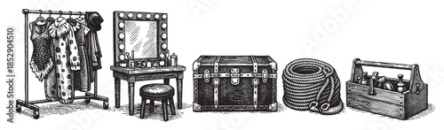 An artistic pen and ink sketch depicts various backstage props, including a clothing rack, vanity mirror, trunk, rope, and toolbox, evoking a vintage theatrical atmosphere.