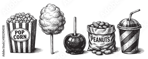 A detailed black and white etching style illustration features a classic popcorn box, cotton candy, a candy apple, a bag of peanuts, and a soda cup with a straw.