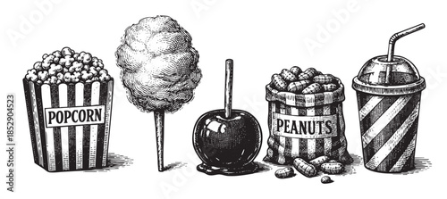 A detailed black and white etching style illustration features a classic popcorn box, cotton candy, a candy apple, a bag of peanuts, and a soda cup with a straw.