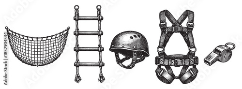 A collection of essential safety gear including a net, rope ladder, helmet, harness, and whistle, depicted in a classic vintage engraving style on a white background.