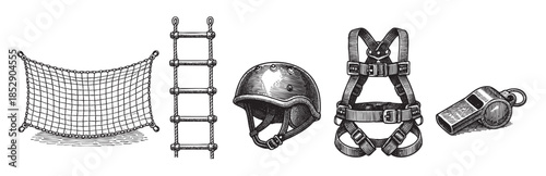 A collection of essential safety gear including a net, rope ladder, helmet, harness, and whistle, depicted in a classic vintage engraving style on a white background.