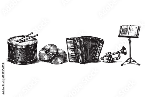 A classic black and white illustration depicts a collection of vintage musical instruments arranged side-by-side, including a drum, cymbals, accordion, and trumpet with a music stand.