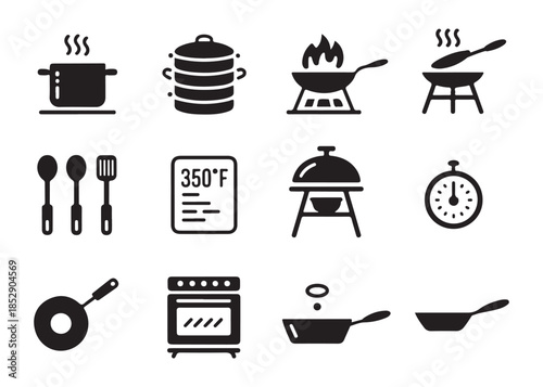 Set of cooking utensil icons kitchen equipment for food preparation meal dishes collection