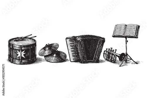 A vintage illustration showcases a collection of musical instruments including a drum, cymbals, accordion, trumpet, and sheet music on a stand, presented in a classic black and white etching style.