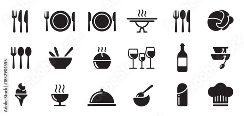 Set of dining and restaurant icons kitchenware tableware for meal service collection