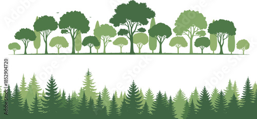Green forest silhouettes collection with deciduous trees and coniferous pine wood landscape borders isolated on white background for nature design elements