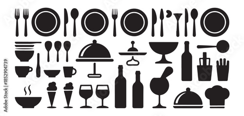 Set of kitchenware and tableware vector illustration silhouettes, plates, glasses, cutlery