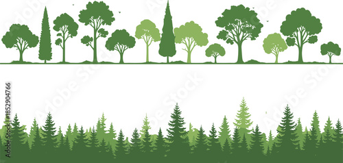Green forest tree silhouettes and coniferous pine woodland borders set, nature landscape elements for eco friendly design, organic timber vector icons (20 words)