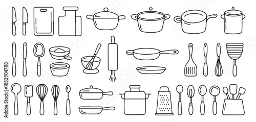 Hand drawn kitchen tools outline set, knives, cutting boards, pots, pans, whisks, bowls