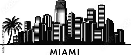 Miami city skyline silhouette vector illustration, modern urban skyscrapers, tropical palm tree, black white cityscape, travel architecture icon design artwork