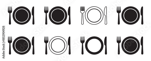 plate knife fork icons set restaurant dish meal cutlery vector illustration graphic