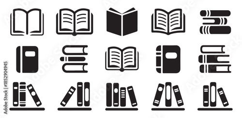Book icons set. library reading ebook knowledge education study and learn solid vector illustration collection