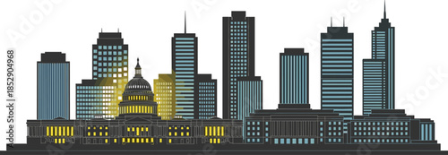 Modern Washington DC Skyline Illustration Featuring United States Capitol Building and Skyscraper Cityscape at Night with Golden Glowing Windows and Lights