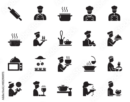 cooking chef vector icons set kitchen tools preparing and serving food symbols collection