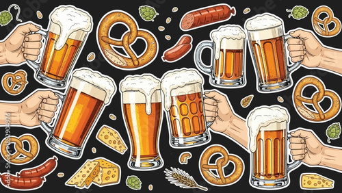 Beer mugs and snacks, a toast to good times with friends and family enjoying a refreshing beverage