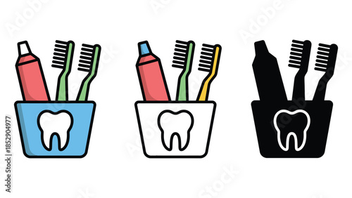 Toothbrushes and toothpaste in a holder with a tooth graphic.
