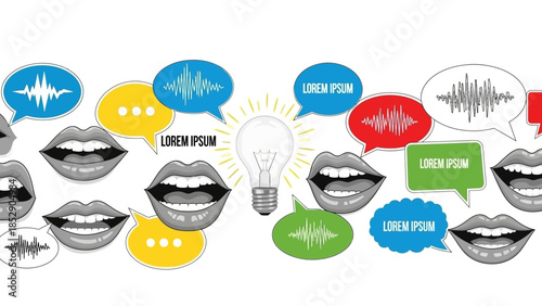 Seamless banner with mouths, speech bubbles, and soundwaves, representing communication and ideas