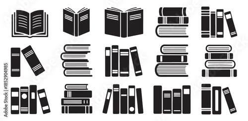 Collection of black and white book icons showcasing various open books and stacks of books in different arrangements