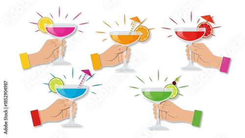 Cheers! Enjoying a Refreshing Set of Colorful Cocktails with Fruit Garnish