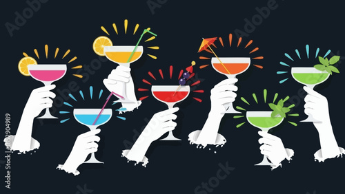 Cheers to Celebration Hands Clinking Cocktail Glasses Full of Vibrant Drinks