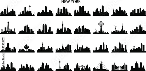 New York City skyline silhouette collection, featuring Statue of Liberty, Empire State Building, Brooklyn Bridge, Manhattan cityscape, and urban landmark icons.