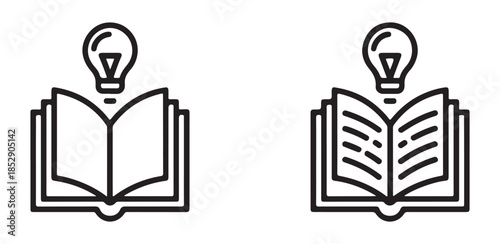 Open book with light bulb icon illustration, depicting a concept of knowledge leading to new ideas and insights