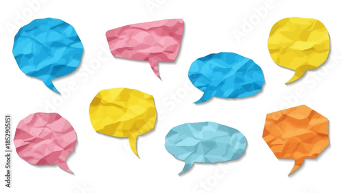 A Collection of Colorful, Crumpled Speech Bubbles on a White Background