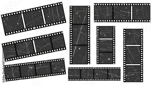 Collection of weathered and scratched film strips showcasing vintage movie reels and cinematic history