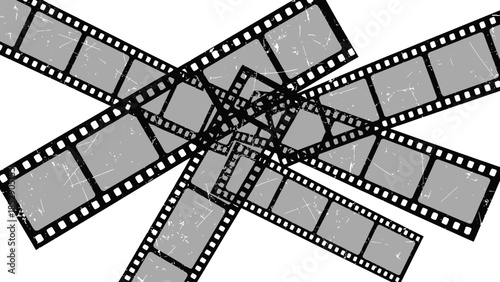 Abstract film strips overlapping in a dynamic, creative arrangement, evoking nostalgia and the art of filmmaking