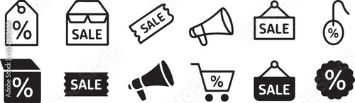 sale badge and price tag icons shopping cart ticket megaphone