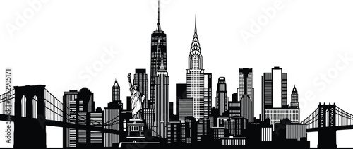 New York City skyline silhouette featuring Statue of Liberty, Empire State Building, Chrysler Building, Brooklyn Bridge, and Manhattan urban cityscape landmarks.