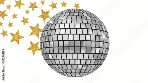 Sparkling Disco Ball with Falling Golden Stars on White Background
