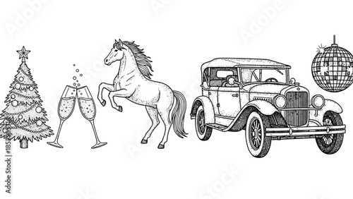 New Year's Eve celebration elements including a Christmas tree, champagne glasses, horse, vintage car, and disco ball, perfect for festive designs