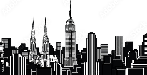 New York City skyline silhouette vector illustration, Manhattan skyscrapers, Empire State Building, urban architecture, black white cityscape, travel landmark design