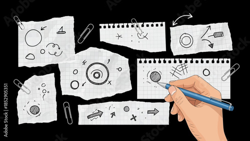 Hand drawing diagrams and sketches on torn paper pieces, exploring concepts and ideas