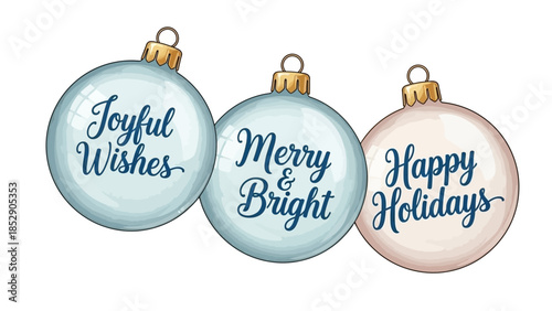 Set of three decorative Christmas ornaments with joyful wishes, merry and bright, and happy holidays messages