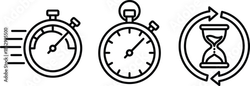 Time measurement and cycle icons with stopwatches and hourglass symbols