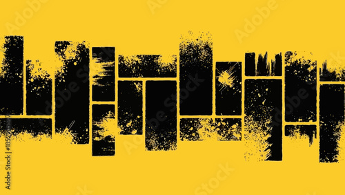 Abstract graphic design featuring black rectangular shapes with textured edges on a yellow background.