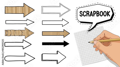 Collection of various arrow icons and a hand writing in a scrapbook