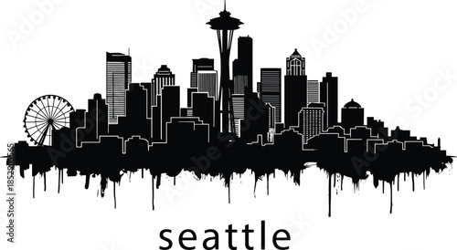 Seattle Washington City Skyline Silhouette, Grunge Dripping Paint Urban Landmark Vector, Iconic Space Needle Great Wheel Pacific Northwest Travel Art, Black.