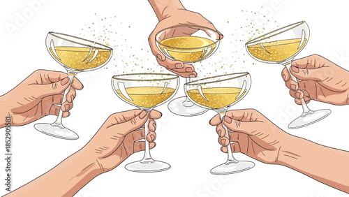 Illustration of hands toasting with champagne coupe glasses.