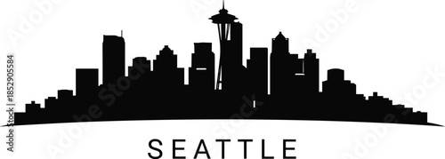 Seattle Washington City Skyline Silhouette, Minimalist Black and White Urban Landmark Vector Illustration, Iconic Space Needle Pacific Northwest Travel Art.